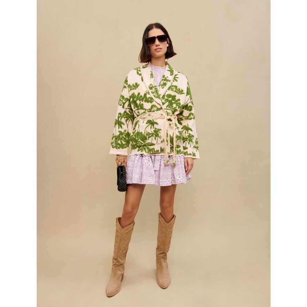 Maje Maloas Imprime Macrame Aloha Beige Belted Cardigan Jacket NEW